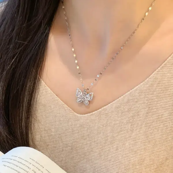 Wholesale Butterfly Necklace For Women With Claw Setting, 304 Stainless Steel, Golden Plated Water Plating, Zircon Inlay, Cable Chain