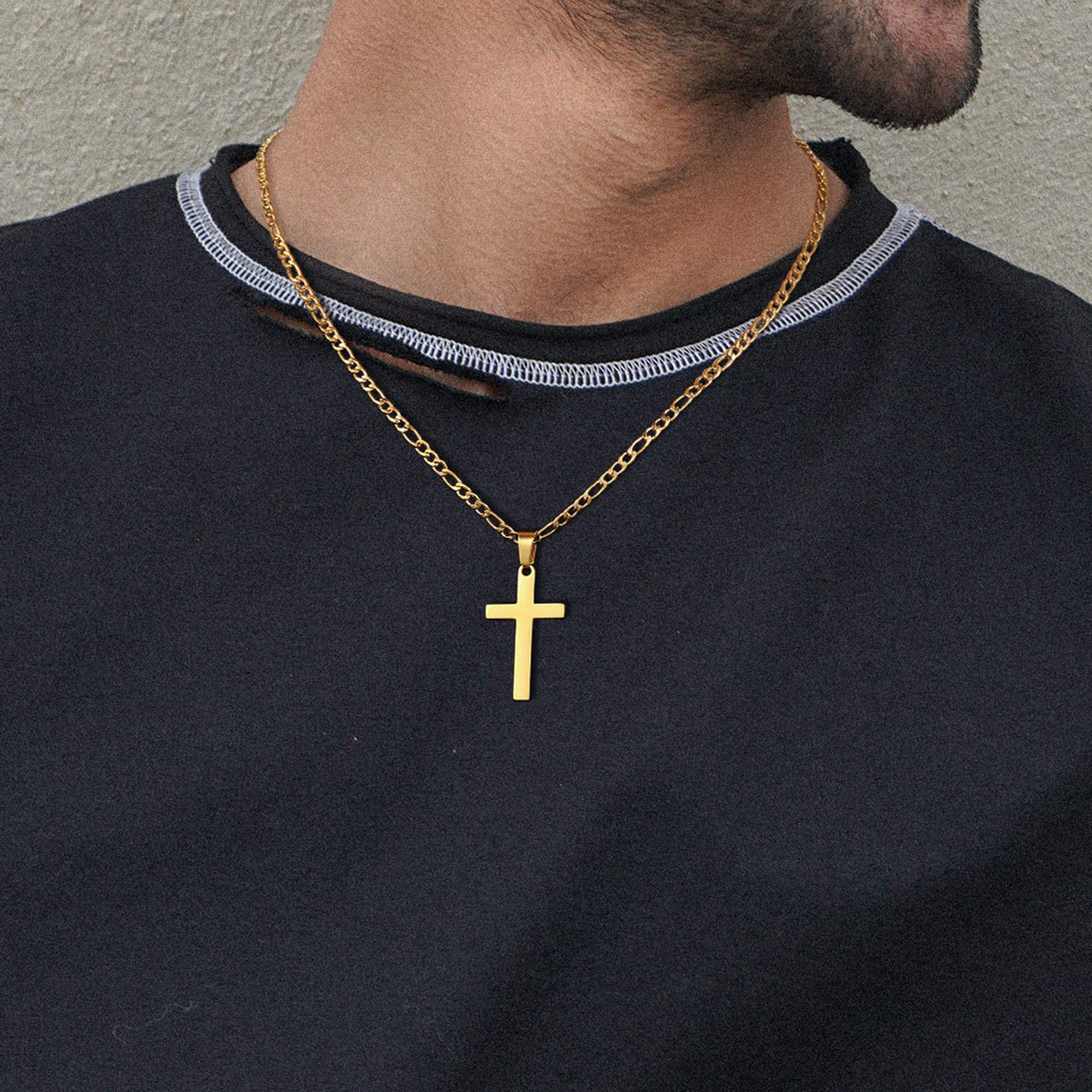 Wholesale Cross border hot sale 18K gold stainless steel cross necklace men Figaro chain Black silver gold ten pendant