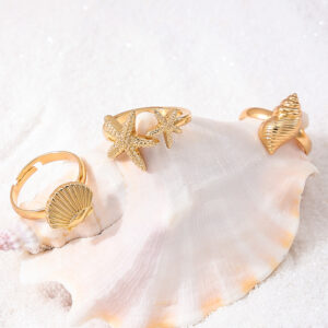 Wholesale 3 Pieces French Vintage Marine Elements Metal Starfish Shell Conch Women Open Ring suit Holiday Style