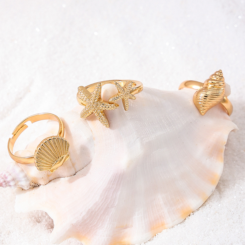 Wholesale 3 Pieces French Vintage Marine Elements Metal Starfish Shell Conch Women Open Ring suit Holiday Style