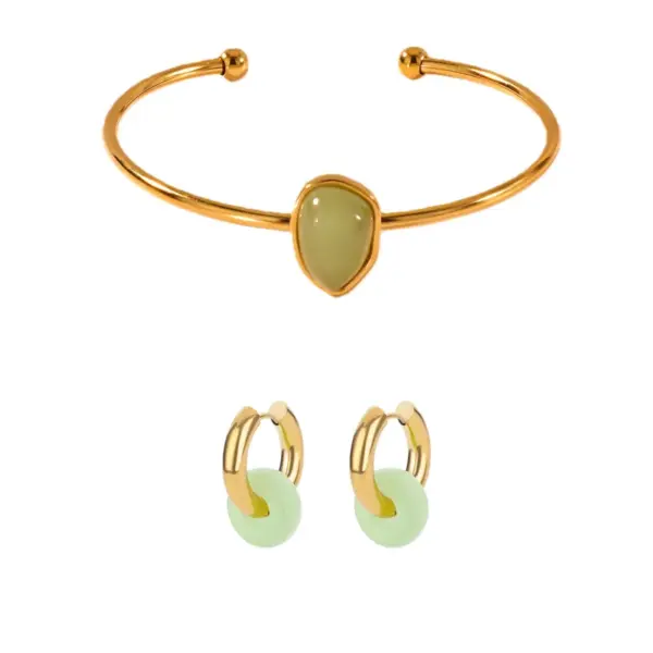 oly-bcb7ad4e6c92704bb74c955950426c58 Wholesale 2pcs/set Green Natural Stone Jewelry Set 18K Gold Plated Stainless Steel Open Bracelet Earrings Waterproof Simple Style Basic Two-Piece Natural Stone Jewelry Set Accessories Wholesale Christmas Birthday Gift Choice