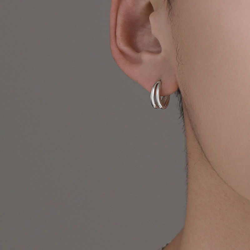 Wholesale Silver Earrings Men's Double-Layer Trendy Niche Stylish Men's Simple Earrings European and American Earrings 2025 New Accessories Jewelry