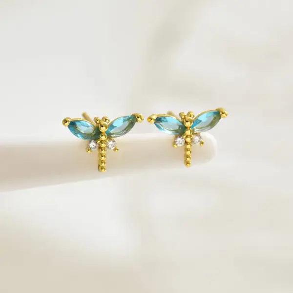 Wholesale Dragonfly Stud Earrings For Women With Claw Setting, 304 Stainless Steel, PVD Coated And 18K Real Gold Plated, Featuring Zircon Inlay