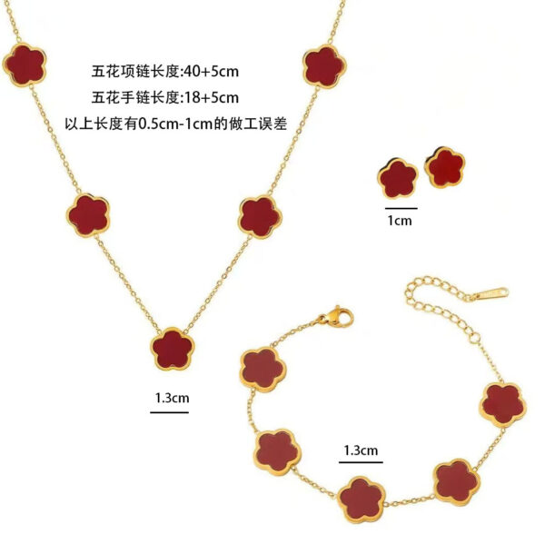 Wholesale Electroplated stainless steel lucky five-leaf clover petal earrings, bracelet, and necklace set