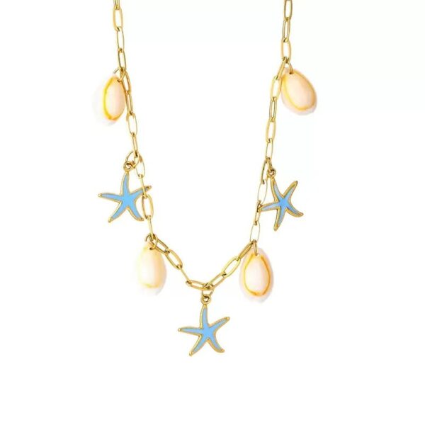 Wholesale Stainless Steel Seashell & Starfish Necklace — Vintage Enamel-Accented Ocean-Themed Clavicle Chain — Vacation-Style Necklet with Starfish Pendant