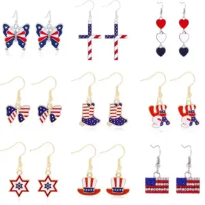 Wholesale USA Independence Day Butterfly Lip Heart Shaped Earrings Red White Blue Dangle Jewelry Fashion Unisex Zinc Alloy Painted Craft