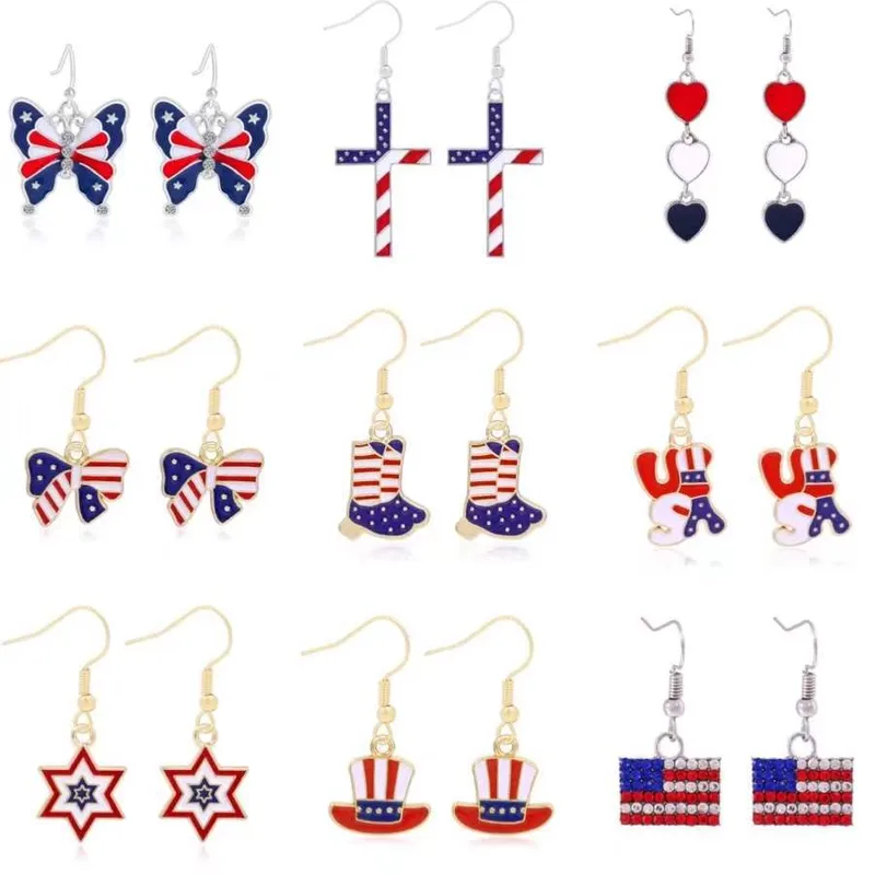 Wholesale USA Independence Day Butterfly Lip Heart Shaped Earrings Red White Blue Dangle Jewelry Fashion Unisex Zinc Alloy Painted Craft