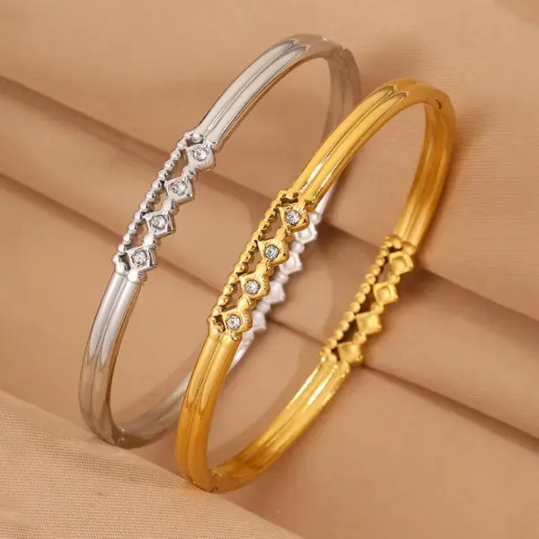 Wholesale Solid Color Roman Style Bangle For Olympic Games, Made Of 304 Stainless Steel With 18K Real Gold Plated And Rhinestones Inlay