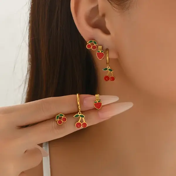 oly-be1d706050aa1ee0ff8a3fe2de6e80a2 Wholesale 304 Stainless Steel Cherry Strawberry PVD Coated Artificial Diamond Real Gold Plated Casual Simple Style Waterproof Non Tarnish Earrings