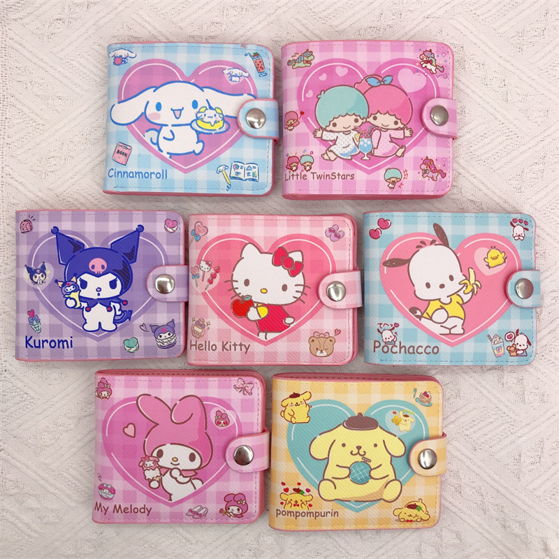 Wholesale New PU Casual Short 2-fold Wallet Plaid Love Afraid Dog Kurumi with Button Card Holder Wallet
