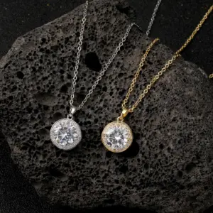 Wholesale Round Pendant Necklace With Moissanite Inlay In Copper, Electroplated Finish, Unisex Design With Cable Chain