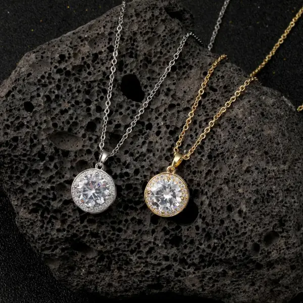 Wholesale Round Pendant Necklace With Moissanite Inlay In Copper, Electroplated Finish, Unisex Design With Cable Chain