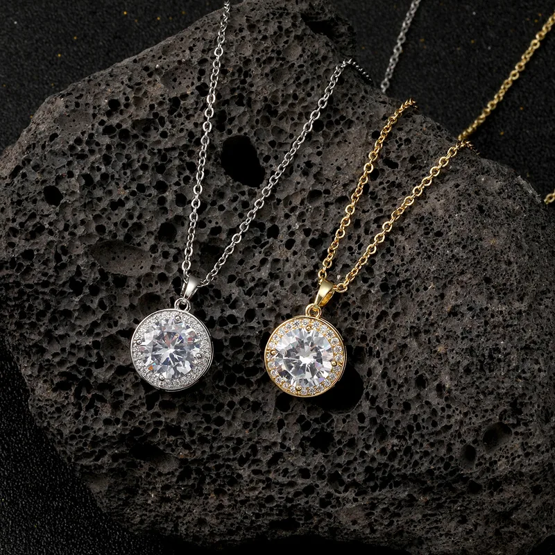Wholesale Round Pendant Necklace With Moissanite Inlay In Copper, Electroplated Finish, Unisex Design With Cable Chain