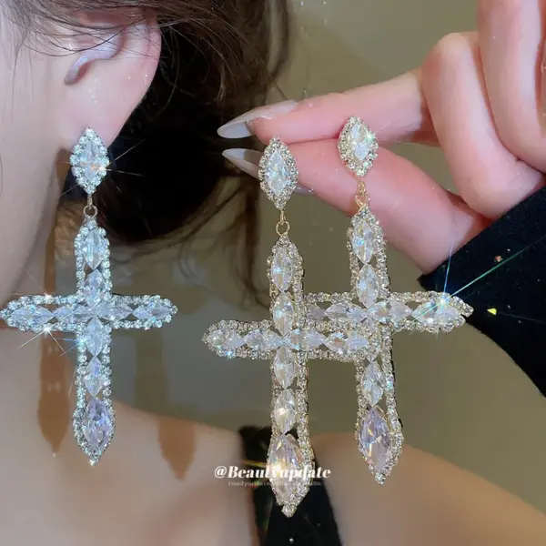 Wholesale Gold Cross Drop Earrings For Women Featuring Copper Material And 304 Stainless Steel Ear Pins With Zircon Inlay