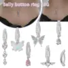 Wholesale 1 Piece 316 Stainless Steel Alloy Resin Rhinestones Glass Belly Rings Heart Shape Wings Butterfly White Gold Plated Unisex