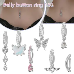 Wholesale 1 Piece 316 Stainless Steel Alloy Resin Rhinestones Glass Belly Rings Heart Shape Wings Butterfly White Gold Plated Unisex