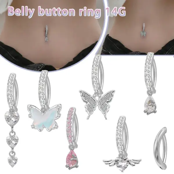 Wholesale 1 Piece 316 Stainless Steel Alloy Resin Rhinestones Glass Belly Rings Heart Shape Wings Butterfly White Gold Plated Unisex