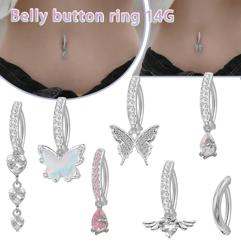 Wholesale 1 Piece 316 Stainless Steel Alloy Resin Rhinestones Glass Belly Rings Heart Shape Wings Butterfly White Gold Plated Unisex