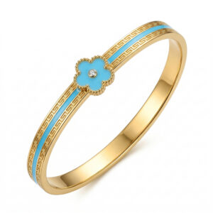 Five-flowered light blue glue tape with diamonds / True gold plating in full-body stainless steel furnace