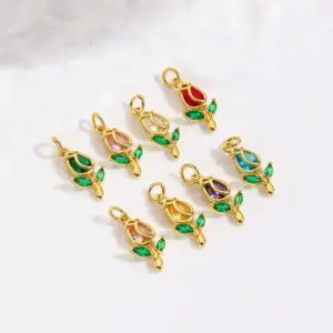 Wholesale Copper Platinum Plated Smooth Zircon Rose Flower Tulip Pendant DIY Jewelry Hanging Bracelet Earring Accessories Chain Spacer Princess Style Gorgeous Cute Pastoral Romantic