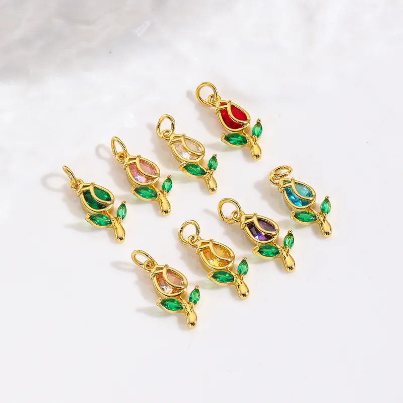 Wholesale Copper Platinum Plated Smooth Zircon Rose Flower Tulip Pendant DIY Jewelry Hanging Bracelet Earring Accessories Chain Spacer Princess Style