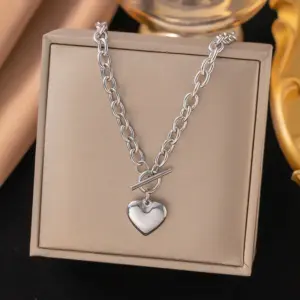 【QYH1203】OT Buckle Big Heart Necklace / Steel Color