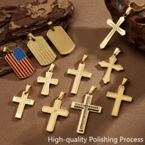Wholesale DIY Jewelry High-Quality Polished 304 Stainless Steel Rhinestone Vacuum Electroplating (In Furnace) 18K Real Gold Plated Cross Flag Square Pendant