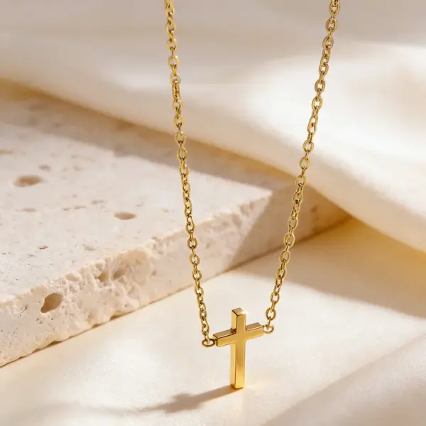 Wholesale Waterproof Cross Pendant Necklace For Women In 304 Stainless Steel With Zircon Inlay, 18K Gold Plated, 0.03µm Cable Chain