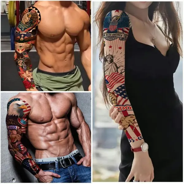 Wholesale Waterproof Full Sleeve American Independence Day Tattoo Sticker Men's Floral Arm Design Party Flag Patriotic Body Art Decal