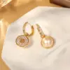 Wholesale Fashion Double-Sided Pearl Earrings For Women, Micro-Inlaid Zircon Tea Rose Design, Versatile Geometric Pattern, Gold-Plated 925 Sterling Silver Copper Dangle Earrings