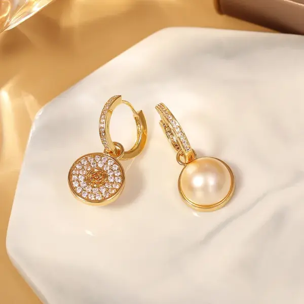 Wholesale Fashion Double-Sided Pearl Earrings For Women, Micro-Inlaid Zircon Tea Rose Design, Versatile Geometric Pattern, Gold-Plated 925 Sterling Silver Copper Dangle Earrings