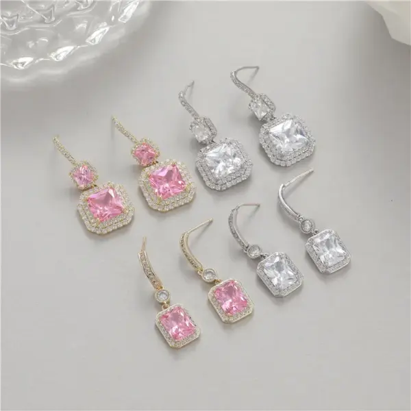 Wholesale Square Drop Earrings With Zircon Inlay, Electroplated Copper And 925 Sterling Silver Studs In New Style