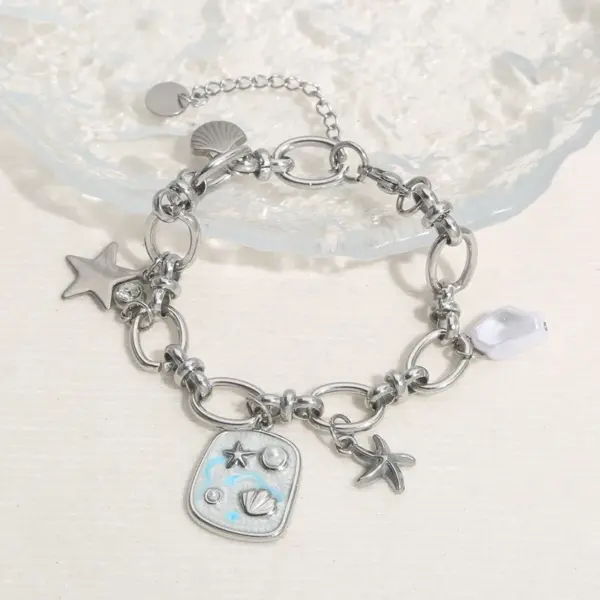 Wholesale Stainless Steel Marine Element Bracelet Shell Starfish Pearl Pendant Bracelet Vintage Art Fashion Bracelet