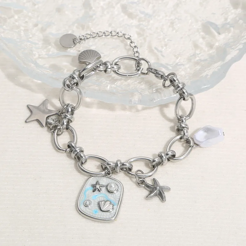 Wholesale Stainless Steel Marine Element Bracelet Shell Starfish Pearl Pendant Bracelet Vintage Art Fashion Bracelet
