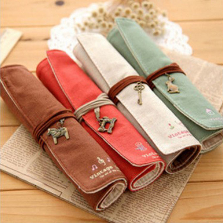 Wholesale Factory direct Korean small fresh cotton retro roll pencil case creative student canvas stationery bag pen curtain