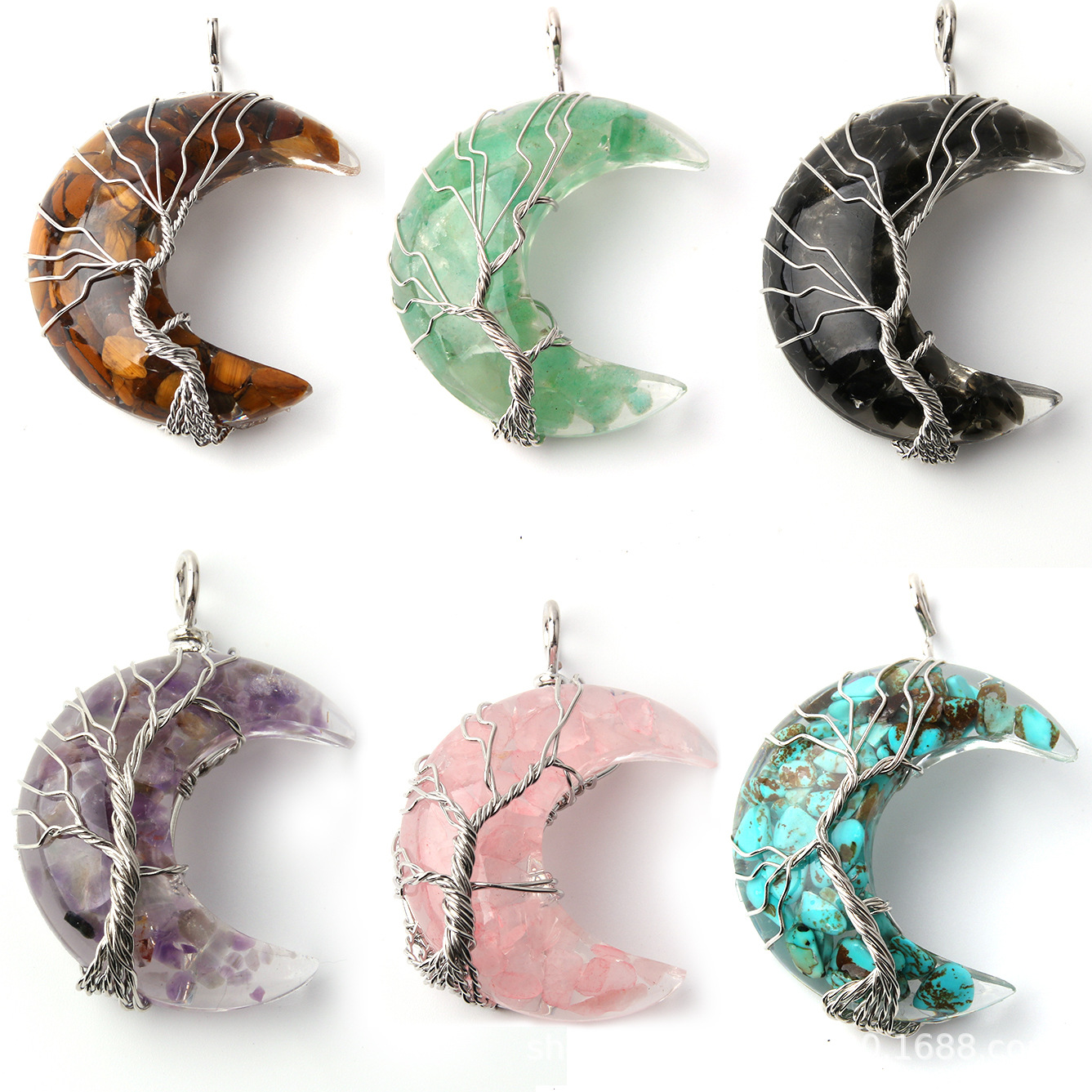 Wholesale Natural Stone Crystal Moon Winding Line Life Tree Gravel Pendant with Resin Stainless Steel Chain Teeth Necklace Jewelry