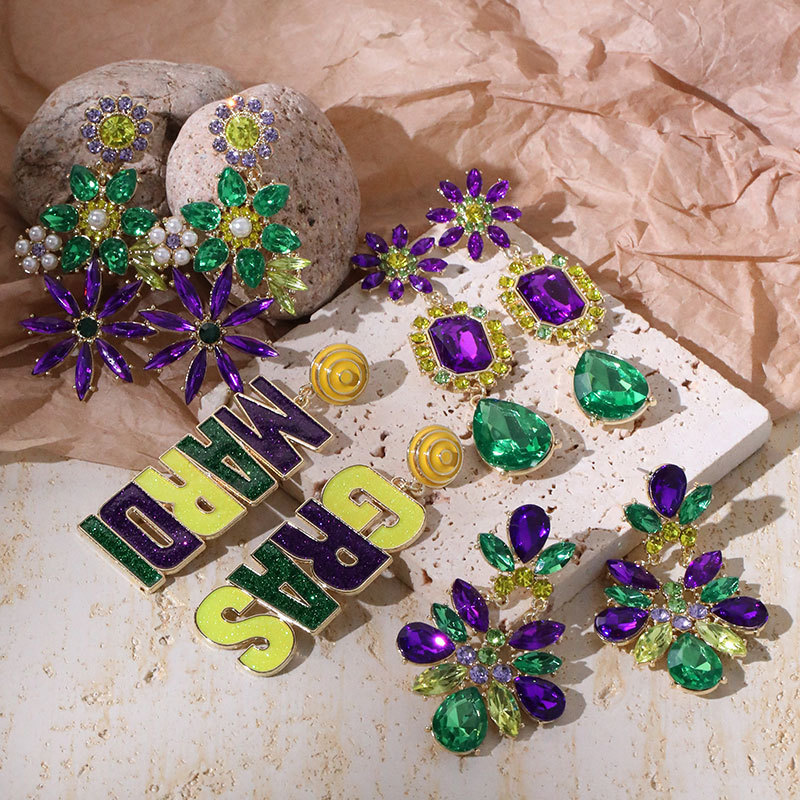 Wholesale Gut Cross-border New Mardi Gras Music Carnival Earrings Super Flash Full Set Rhinestone Exaggerated Earrings