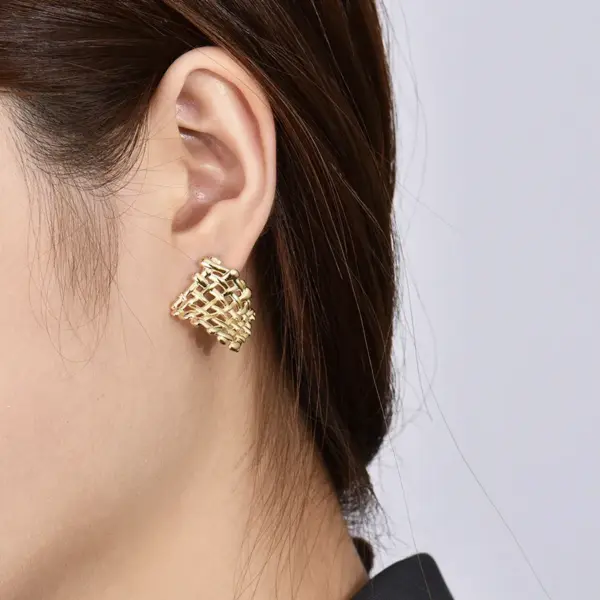 Wholesale Three-dimensional Geometric Stud Earrings For Women, Electroplated Copper With 0.01µm Golden Plated Coating