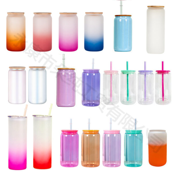 Wholesale Sublimation Mason Glass 12 oz16oz Coke Cup Cans Frosted Straws Single and Double Glass Bamboo Cover Cup
