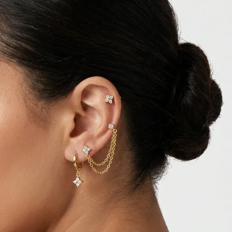 Wholesale Vacuum Electroplating (In Furnace) Plated With 18K Real Gold Micro Inlaid Design Flower Stackable Earrings Stainless Steel