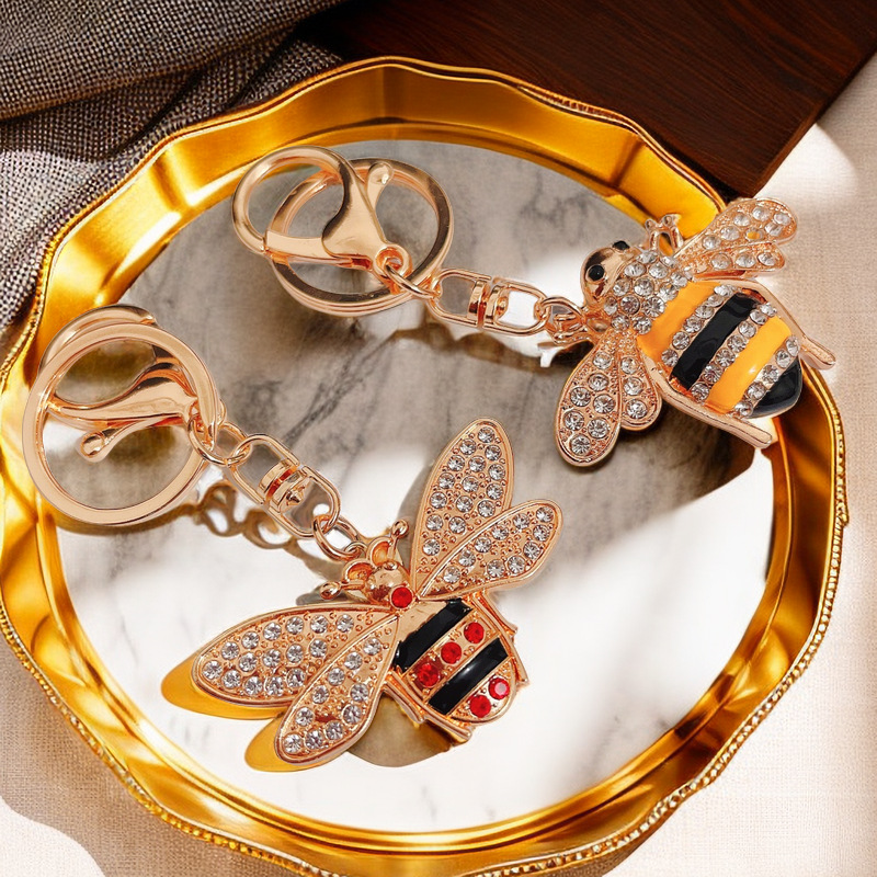Wholesale Diamond-Encrusted Little Bee Insect Car Keychain Metal Cute Women's Bag Pendant Key Chain Ring Creative Cross-Border Gift