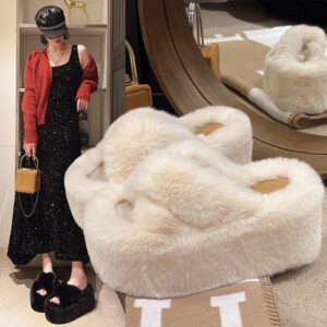 Wholesale Thick bottom round head cross Mao Mao women's slippers warm indoor fashion thickened cotton slippers