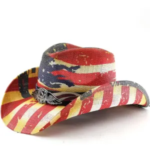 Wholesale American Flag Cowboy Style Straw Hat With Flat Brim Featuring UV Protection, Polyester Material And Star Craft