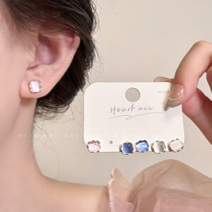 A1904 square-colored cat's eye silver needle earring set