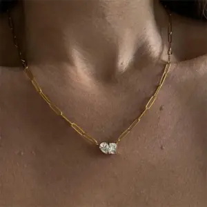 Wholesale 304 Stainless Steel Heart Shape PVD Coated Zircon 18K Real Gold Plated Princess Cute Sexy Waterproof Non Tarnish Paperclip Chain Lobster Trigger Clasp Closure Gold Necklace