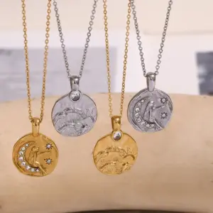 Wholesale Jewelry Retro Sun Moon 304 Stainless Steel Rhinestones 18K Gold Plated Plating Inlay Pendant Necklace Cable Chain