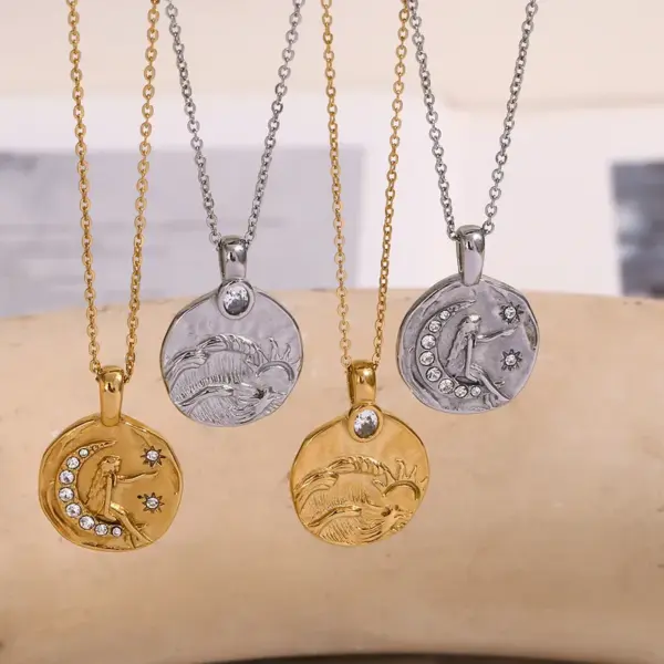 Wholesale Jewelry Retro Sun Moon 304 Stainless Steel Rhinestones 18K Gold Plated Plating Inlay Pendant Necklace Cable Chain