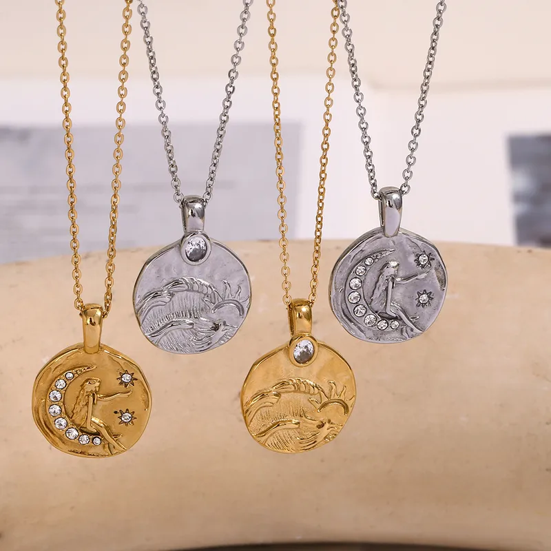 Wholesale Jewelry Retro Sun Moon 304 Stainless Steel Rhinestones 18K Gold Plated Plating Inlay Pendant Necklace Cable Chain