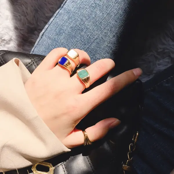 Wholesale Square Brass Ring For Women With Natural Stone Inlay, 18K Real Gold Plated Bezel Setting Featuring Water Plating Process