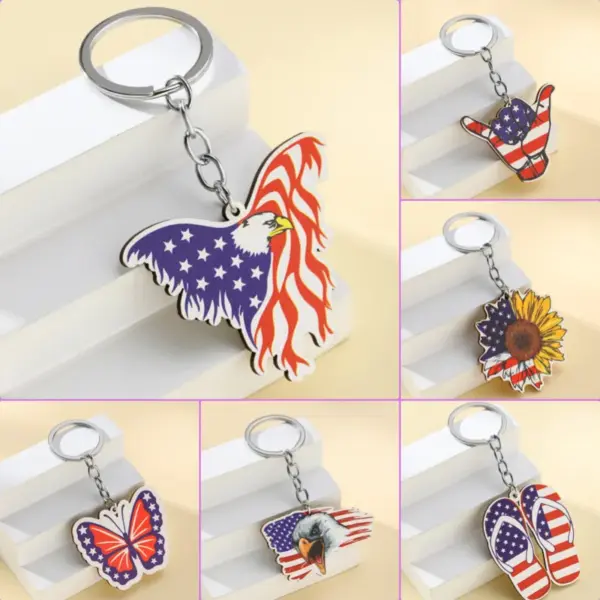 Wholesale 1 Piece Retro American Flag Eagle Wood Unisex Keychain